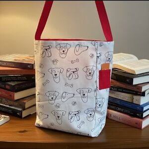 Dog Print Library Tote with Red Handles